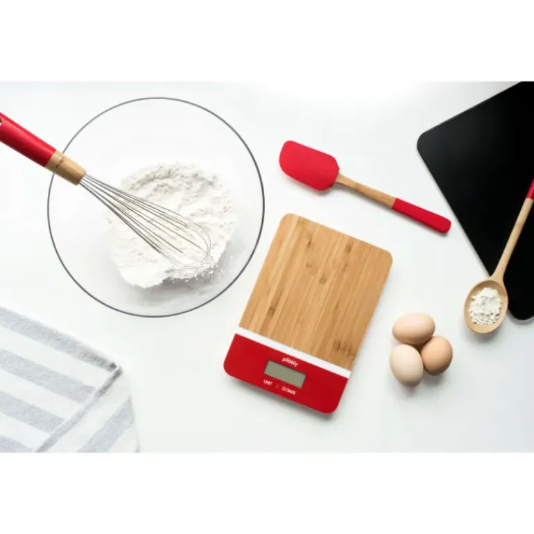 Balance de Cuisine Electronique Bambou Rectangle Rouge 23 x 16 cm Pebbly