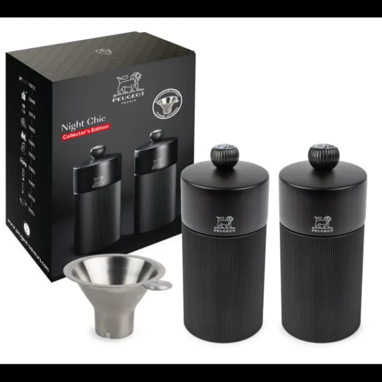 Coffret 2 Moulins Manuels Sel & Poivre Noir Mat 12 cm + Entonnoir Peugeot