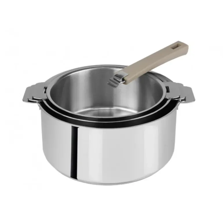 FIN DE SERIE Lot de 3 Casseroles inox avec Poignée Taupe Mutine Amovible Cristel