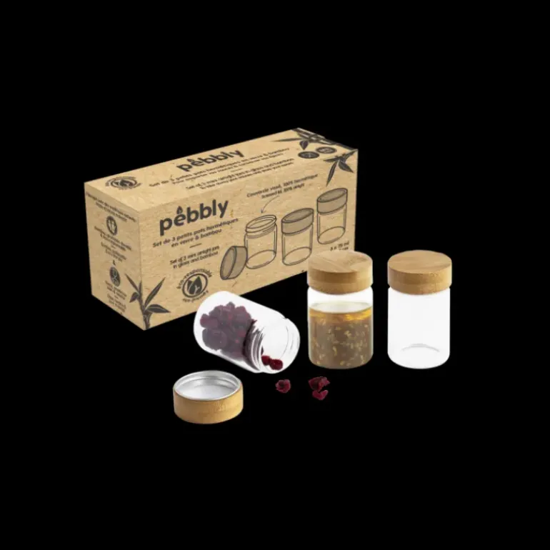 Lot 3 Pots en Verre et Bambou 75 ml Pebbly
