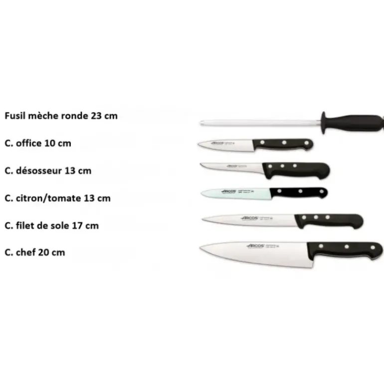 Mallette de cuisine 5 couteaux de cuisine et un fusil Arcos Universal Noir
