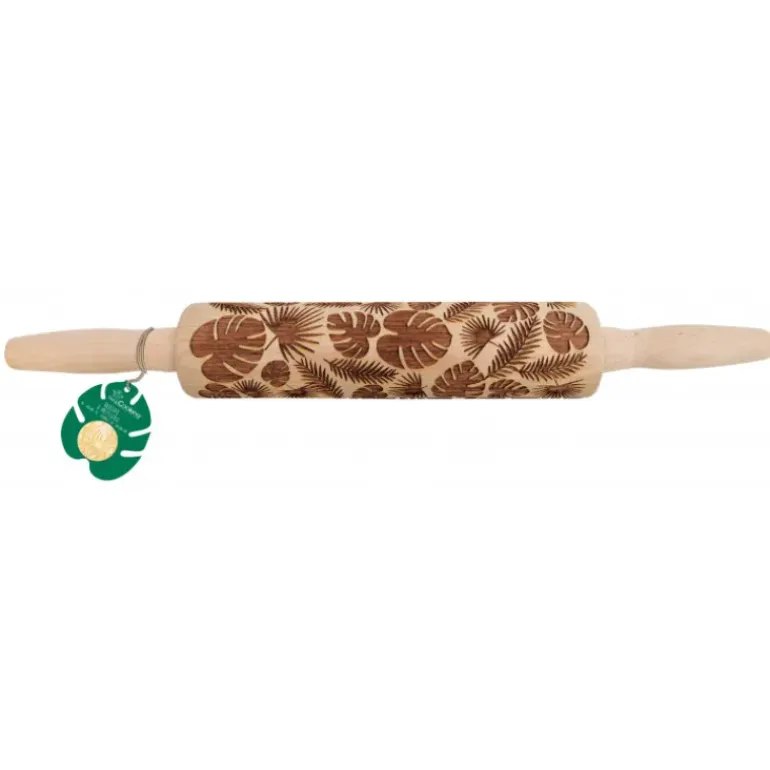 Rouleau Pâtisserie Motif Feuilles Tropicales 39 cm Bois Scrapcooking